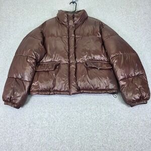 8 Seconds Brown Puffer Jacket Glossy Cropped Quilted Parka Women's Small